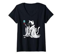 Femme Kimono calligraphique Vintage en Forme de Chat Buvant du thé Art Japonais T-Shirt avec Col en V