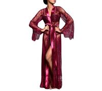 Femme Kimono Robe Longue en Dentelle Lingerie de Nuit Peignoir de Bain Robe de Chambre Transparente Sexy Chemise de Nuit (FR/ES, Alpha/lettres, Taille unique, Taille normale, Taille normale, Bordeaux)