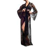 Femme Kimono Robe Longue en Dentelle Lingerie de Nuit Peignoir de Bain Robe de Chambre Transparente Sexy Chemise de Nuit (FR/ES, Alpha/lettres, Taille unique, Taille normale, Taille normale, Noir)