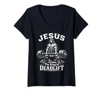 Femme King of Deadlift Jésus soulevé de Terre Entraînement de Gym chrétienne T-Shirt avec Col en V