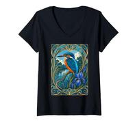Femme Kingfisher Bird Art Nouveau Fleur d'iris T-Shirt avec Col en V