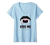 Femme Kiss Me If You Dare Halloween Vampire Fangs T-Shirt avec Col en V