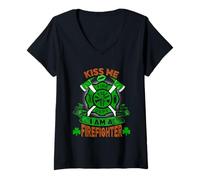 Femme Kiss Me I'm A Firefighter Skull Shamrock St Patricks Day T-Shirt avec Col en V