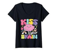 Femme Kiss Your Brain Mute Teacher Appreciation Rentrée à l'école T-Shirt avec Col en V