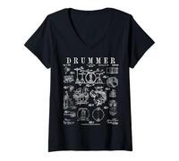 Femme Kit de Batterie Vintage Verni avec Dessin de Batteur T-Shirt avec Col en V