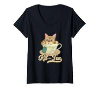 Femme Kit Tea Black Kitty A Cup Of Cat Tea Lover T-Shirt avec Col en V