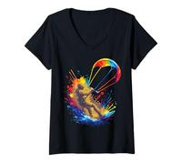 Femme Kitesurf Art Splash - Sport Extrême Rider et Aile Colorée T-Shirt avec Col en V