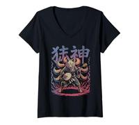 Femme Kitsune Banjo Spirit in Flames Japonais Yokai Fox T-Shirt avec Col en V