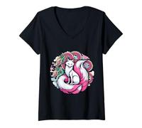 Femme Kitsune Folklore Japonais à Neuf queues de Renard Fantaisie T-Shirt avec Col en V