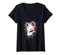 Femme Kitsune Masque Anime Manga Dark Art T-Shirt avec Col en V