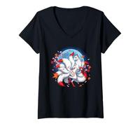 Femme Kitsune Renard À Neuf Queues Folklore Japonais Sakura T-Shirt avec Col en V