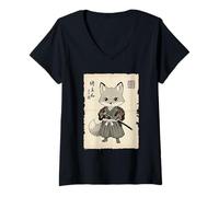 Femme Kitsune Samouraï Art Japonais Sumi-e Kawaii drôle T-Shirt avec Col en V