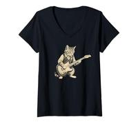 Femme Kitten Playing Guitare électrique Hilarious Cat Rock Star Music T-Shirt avec Col en V