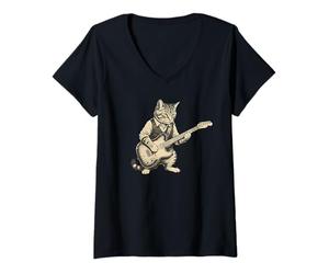 Femme Kitten Playing Guitare électrique Hilarious Cat Rock Star Music T-Shirt avec Col en V