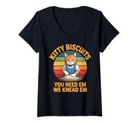Femme Kitty Biscuits Bakery We Knead Em You Need Em Chat rétro T-Shirt avec Col en V