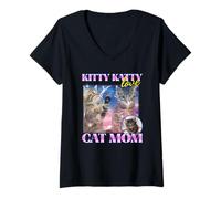 Femme Kitty Katty Love Cat Mom (Graphique Amusant de Chat Bootleg) T-Shirt avec Col en V
