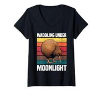 Femme Kiwi se dandinant au Clair de Lune Kiwi rétro Vintage T-Shirt avec Col en V
