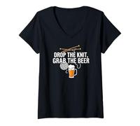 Femme Knitter Craft Beer Drinker Drop The Knit Grab The Beer T-Shirt avec Col en V