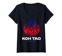 Femme Koh Tao Thaïlande Rétro Coucher de Soleil Plage Design Thai Souvenir T-Shirt avec Col en V