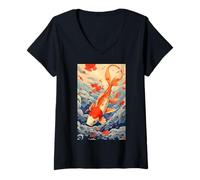 Femme Koi Carpe Poisson Kawaii Cerisier Japonais Fleur Sakura Hokusai T-Shirt avec Col en V