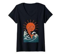 Femme Koi Fish Wave Sun Art japonais Style Luck Strength T-Shirt avec Col en V