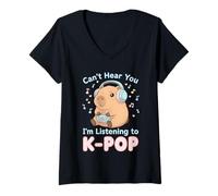 Femme Kpop Can't Hear You J'écoute K-Pop Capybara T-Shirt avec Col en V