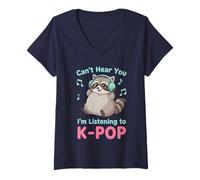 Femme Kpop Can't Hear You J'écoute K-Pop Raccoon T-Shirt avec Col en V