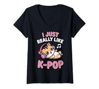 Femme Kpop Kawaii Chat Chibi Chaton I Just Really Like K Pop Girl T-Shirt avec Col en V
