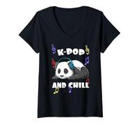 Femme Kpop Panda K Pop and Chill Korean Music Anime T-Shirt avec Col en V
