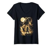 Femme Krampus Hurlant à la Lune Meme Noël 2026 T-Shirt avec Col en V