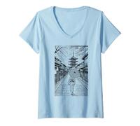 Femme Kyoto Japon vintage japonais Ligne illustre femme kimono T-Shirt avec Col en V