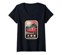 Femme Kyoto Station Japon Pagode Rétro Vintage Train Kanji T-Shirt avec Col en V