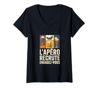 Femme L APERO RECRUTE ENGAGEZ Vous Humour Aperitif T-Shirt avec Col en V