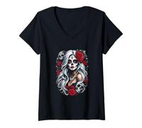 Femme La Catrina Mystérieuse Beauté de la Rose Dia de Los Muertos T-Shirt avec Col en V
