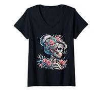 Femme La Catrina Mystérieuse Beauté de la Rose Dia de Los Muertos T-Shirt avec Col en V
