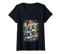 Femme La Floride m'appelle et Je Dois Aller aux Fleurs de l'État des États-Unis T-Shirt avec Col en V