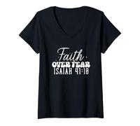 Femme La Foi Avant la Peur - Citation Inspirante T-Shirt avec Col en V