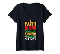 Femme La Foi en Dieu Fait la Force de la communauté Mois de l'histoire des Noirs T-Shirt avec Col en V