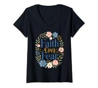 Femme La Foi Plus Que la Peur est Une Source d'inspiration Florale chrétienne T-Shirt avec Col en V