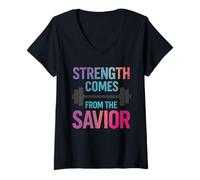 Femme La Force Vient du Sauveur Gym Haltérophilie Christian T-Shirt avec Col en V