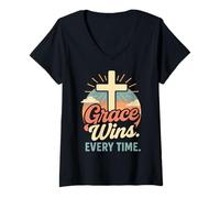 Femme La grâce gagne chaque fois que Christian Cross est né de nouveau en Jésus T-Shirt avec Col en V