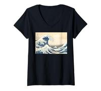 Femme La Grande Vague de Kanagawa par Katsushika Hokusai (1831) T-Shirt avec Col en V