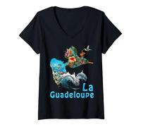 Femme La Guadeloupe Merveille Plage Dauphin Colibri et Hibiscus T-Shirt avec Col en V