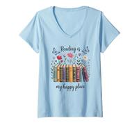 Femme La Lecture Florale pour Les Amateurs de Livres est Mon Endroit Heureux T-Shirt avec Col en V