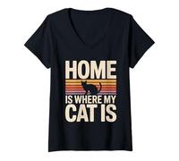 Femme La Maison rétro est l'endroit où se Trouve Mon Chat T-Shirt avec Col en V
