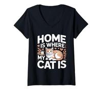 Femme La Maison rétro est l'endroit où se Trouve Mon Chat T-Shirt avec Col en V