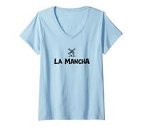 Femme La Mancha Moulin à Vent Espagnol Don Quichotte Imprimé Noir T-Shirt avec Col en V