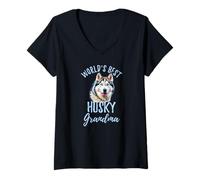 Femme La Meilleure Grand-mère Husky du Monde, Mignon Petit Chien Husky sibérien T-Shirt avec Col en V