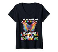 Femme La Merveille de l'enseignement, C'est de Regarder Caterpillar Teacher T-Shirt avec Col en V