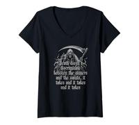 Femme La Mort ne Fait Pas de Distinction Entre Le deuil et la Chanson Squelette d'halloween T-Shirt avec Col en V
